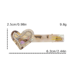 Elegant cream marble acetate heart hair clip with rhinestone trim and dimensions