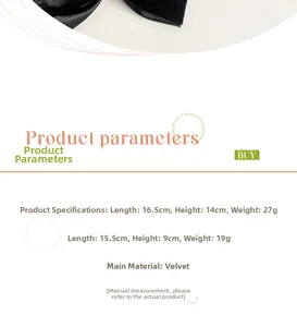Detailed size parameters for black velvet bow hair clips with measurement specifications