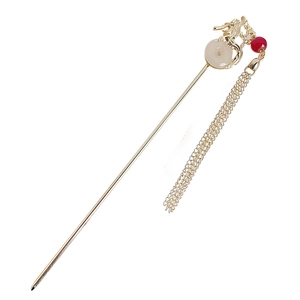 Elegant Chinese dragon hair pin with gold metal tassels and pale jade ring detail