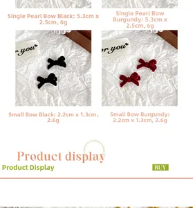 Detail view of velvet bow hair clips with pearls in black and wine red colors