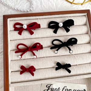 Vintage Velvet Bow Hair Clips With Faux Artificial Pearl Elegant Burgundy Black Hair Accessories For Women Hair Styling Side Clips