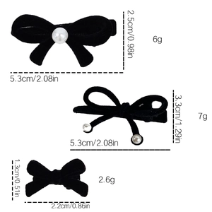 Three-piece black velvet bow hair clip set with faux pearls for elegant hair styling