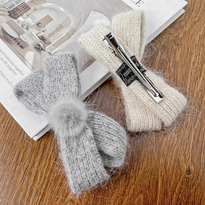 Handmade knitted bow hair clips with soft fur pom-pom and sturdy metal duckbill clips