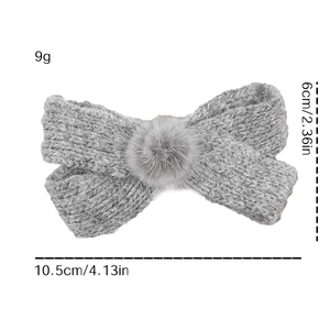 Elegant grey knitted bow hair clip with plush pom-pom detail for women, 10.5cm size