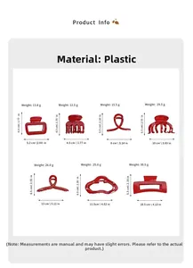 Size chart showing dimensions and weights of various red plastic hair claw clip styles