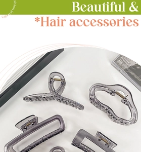 Macro detail of transparent grey hair claw clips in various geometric shapes with metal springs