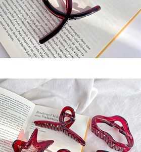 Detail of red tortoiseshell hair claw clips on vintage French books and fabric