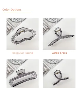 Detailed views of transparent grey resin hair claws in round, cross, and rectangular shapes
