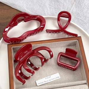 Women Large Wine Red Hair Claw Clip High Gloss Polycarbonate Resin Shark Clip Minimalist Geometric Back Of Head Bun Hair Accessory