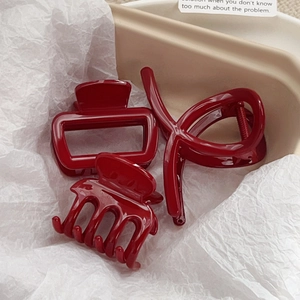 Three-piece set of wine red glossy resin hair claws in various elegant shapes
