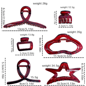 Deep red tortoiseshell hair claw clips in various geometric shapes with dimensions