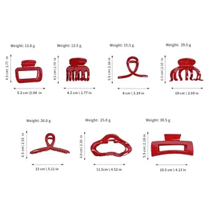 Size chart showing dimensions of seven large red PC hair clips for women's hair accessories
