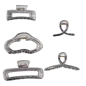 Size guide for transparent grey hair claw clips showing dimensions for five different styles