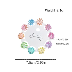 Lot de 10 mini-pinces à cheveux fleurs colorées avec dimensions sur carte blanche