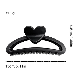 Pince à cheveux cœur noir mat extra large pour cheveux épais, design géant 13cm