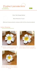 Size chart showing dimensions and weight for three sizes of foam frangipani flower clips