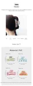 Size chart and dimensions for candy colored PVC shark hair claw clips in marble patterns