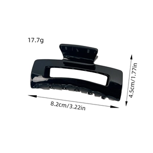 Glossy black rectangular acrylic hair claw clip 8.2cm with weight and size specifications