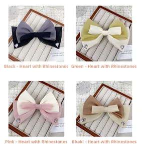Détail de barrettes à nœuds en tulle multicouche avec strass en cœur en quatre couleurs douces