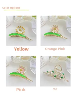 Detailed view of four daisy and pear blossom alloy hair claws with colorful enamel and pearls