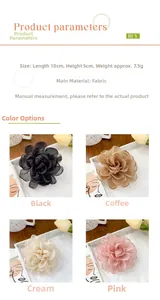 Infographie montrant la taille 10x5cm et les pinces à cheveux fleurs en quatre couleurs
