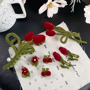 Pince À Cheveux Fleur De Tulipe Flocage Pour Femmes Alliage Künstliche Perle D'imitation Strass Accessoire Cheveux Doux Rouge Vert Floral