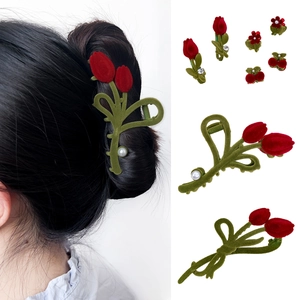 Pinces à cheveux tulipes floquées avec fleurs rouges et perles, accessoires pour femmes