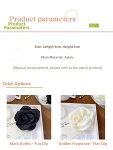 Detail view of fabric flower hair clips in black and beige showing 9x9cm dimensions