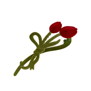 Pince à cheveux tulipe floquée rouge avec tige verte et nœud sur fond blanc pur