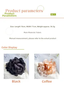 Detailed size parameters of large fabric flower hair claw clip in black and champagne gold