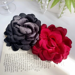Elegant large camellia flower hair clips in black and red satin for women hair accessories