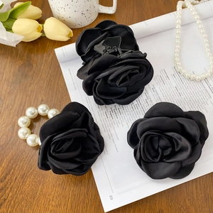 Elegant black satin rose flower hair claw clip set with pearls and floral decor