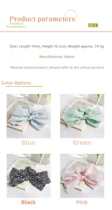 Detailed size specifications for fabric bow hair ties in blue green black and pink