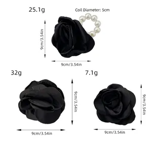 Elegant 3-piece set of black fabric floral hair clips and scrunchies in 9cm size