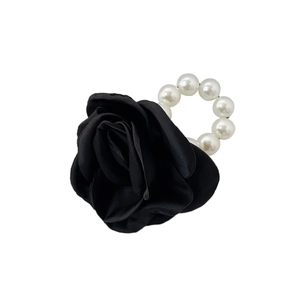 Elegant black satin rose hair tie with white pearl ring accessory for women