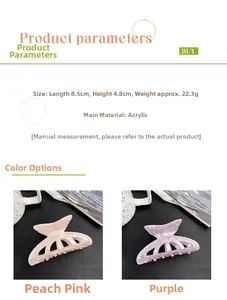 Detailed size parameters for marble mermaid tail hair claws in pink and purple colors