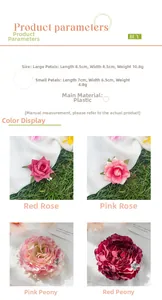 Detailed size and material specs for 3D rose and peony floral plastic hair clips