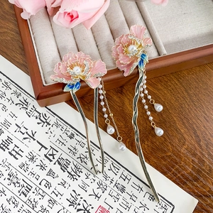 Pic à Cheveux Style Chinois Vintage Fleur de Pêcher Avec Gland en Künstliche Perle Fleur en Émail Rose Strass Alliage Épingle à Cheveux Pour Femme Bijoux Hanfu