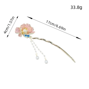 Pic à cheveux fleur de pêcher élégant avec pompons et perles style chinois, 17cm