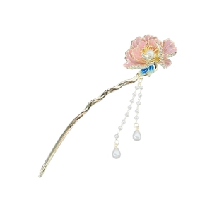 Épingle à cheveux chinoise dorée avec fleur rose, feuilles bleues et glands perles