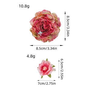Pink faux flower hair clips with size and weight specs for elegant floral hair styling