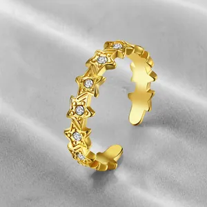 Verstelbare Roestvrijstalen Sterring Voor Dames Heren Minimalistische Vijfpuntige Ster Zirconia Ingelegde Open Ring Mode Sieraden Cadeau