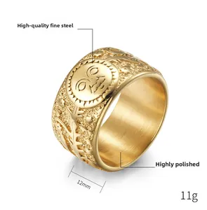 Detail of vintage sun and moon embossed gold stainless steel ring with 12mm width