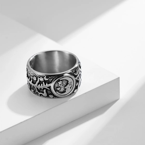 Vintage stainless steel sun moon star ring with detailed celestial relief patterns