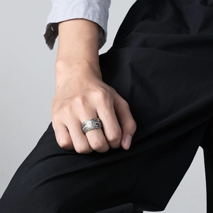 Vintage stainless steel sun moon and star ring with intricate vine patterns for men