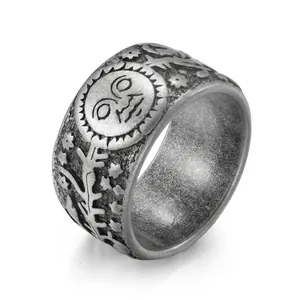 Vintage Stainless Steel Sun Moon Star Ring Relief Pattern Wide Band Antique Celestial Finger Jewelry For Men Women Gift