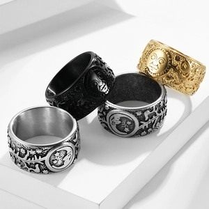Vintage stainless steel sun and moon embossed rings in silver black gold finishes