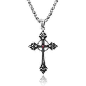 Vintage gothic stainless steel cross necklace with a red stone and square pearl chain
