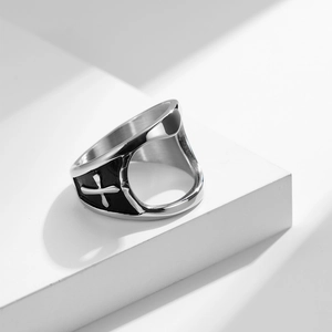 Polished titanium steel cross bottle opener ring with gothic black enamel shield design