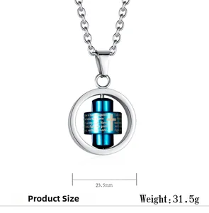 Detail view of rotating blue cross pendant necklace with 23.5mm diameter and 31.5g weight